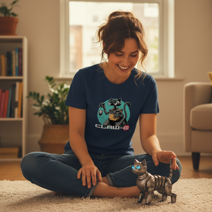 woman wearing a graphic t-shirt inspired by the movie wall-e, playing with a robot kitten