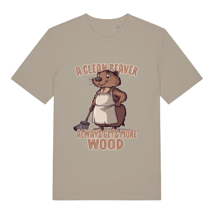 Beige Clean Beaver T-shirt flat lay with funny cartoon beaver in apron "Always Gets More Wood" graphic