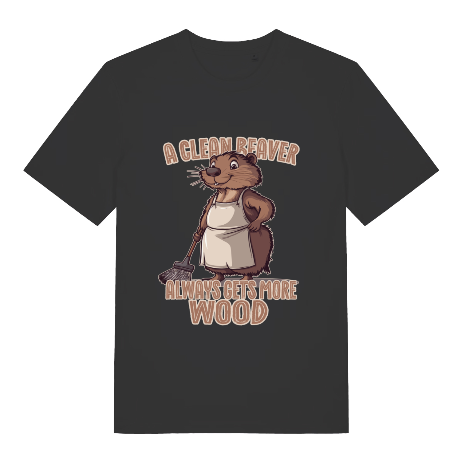 Black Clean Beaver T-shirt flat lay featuring cheeky beaver cleaning pun design