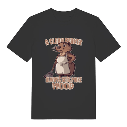 Black Clean Beaver T-shirt flat lay featuring cheeky beaver cleaning pun design