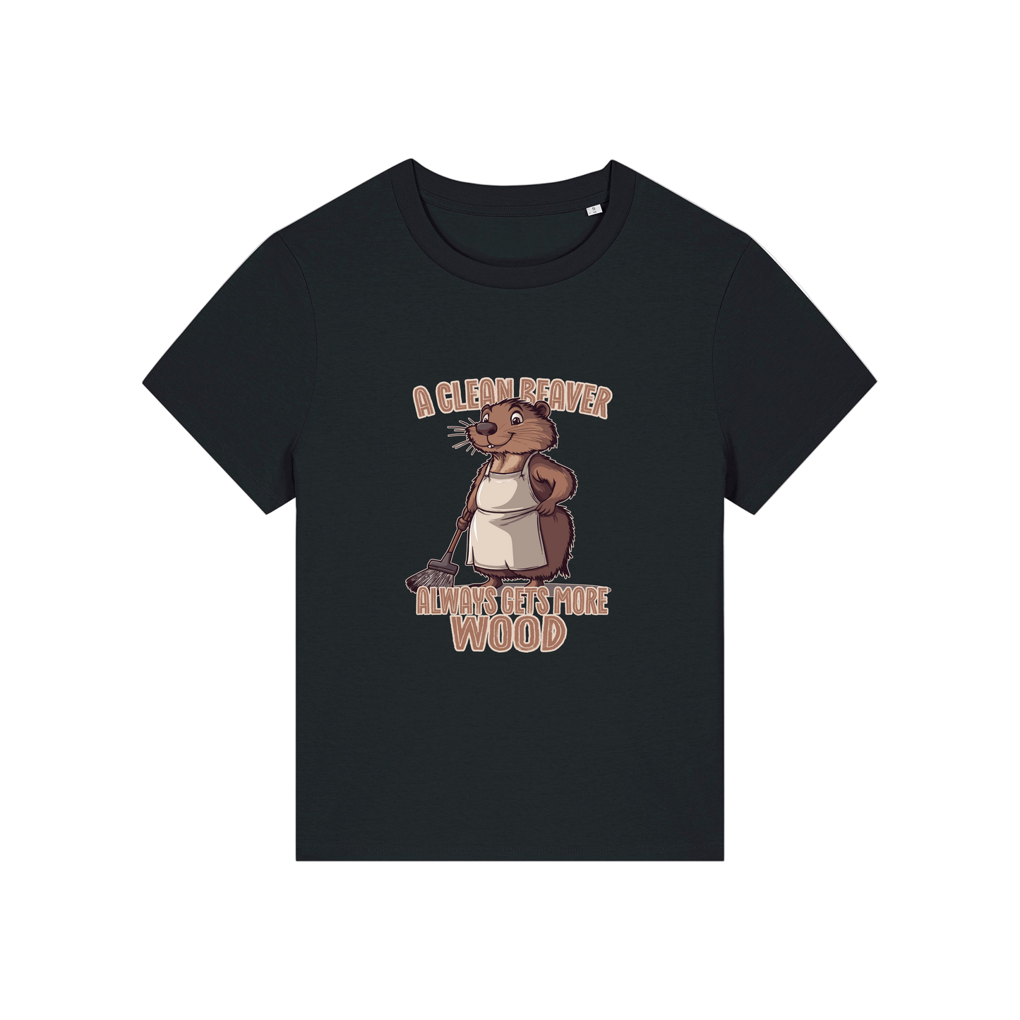 black funny graphic t-shirt with a beaver in an apron and the slogan 'a clean beaver always gets more wood'