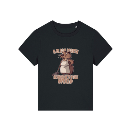 black funny graphic t-shirt with a beaver in an apron and the slogan 'a clean beaver always gets more wood'