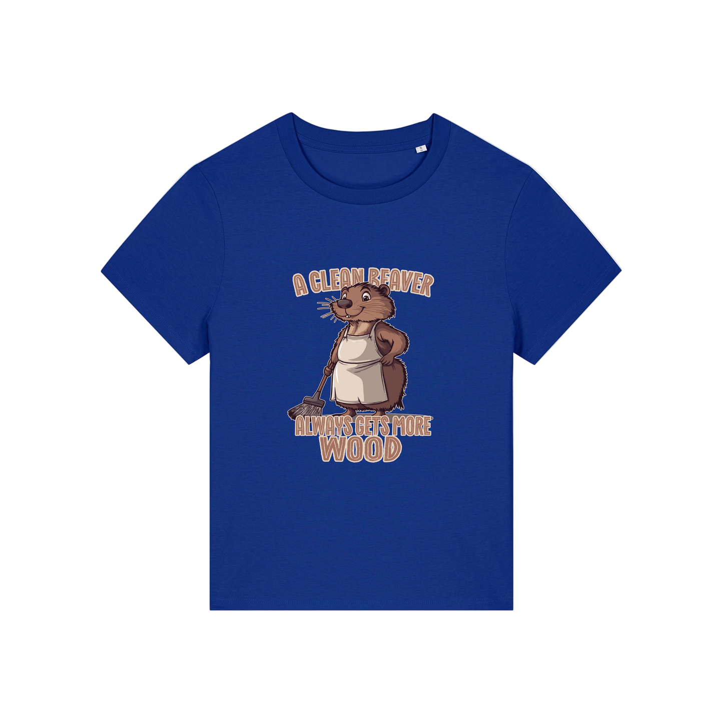blue funny graphic t-shirt with a beaver in an apron and the slogan 'a clean beaver always gets more wood'