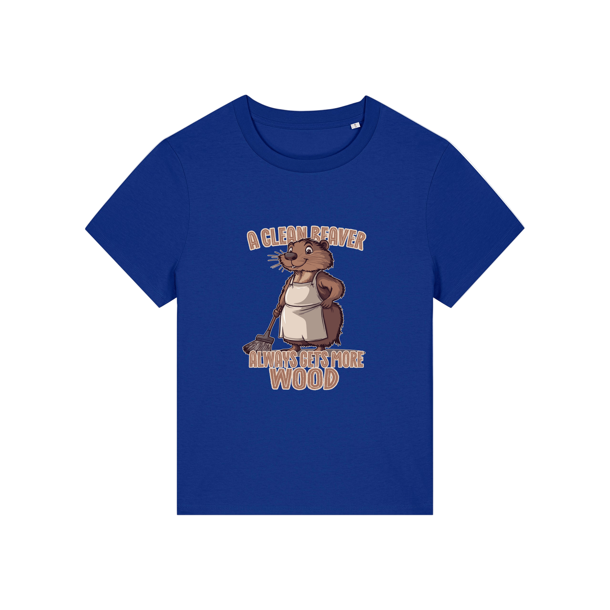 blue funny graphic t-shirt with a beaver in an apron and the slogan 'a clean beaver always gets more wood'