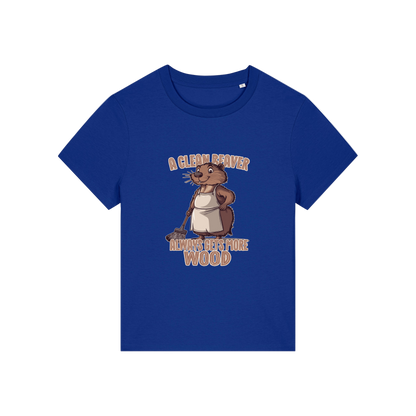 blue funny graphic t-shirt with a beaver in an apron and the slogan 'a clean beaver always gets more wood'