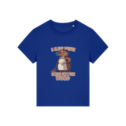 blue funny graphic t-shirt with a beaver in an apron and the slogan 'a clean beaver always gets more wood'