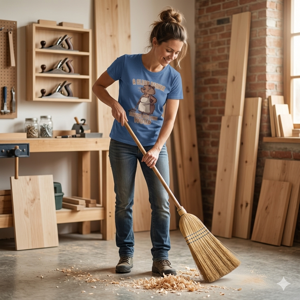 Woman cleaning wood shavings with a broom in a workshop wearing a blue t-shirt with a beaver graphic