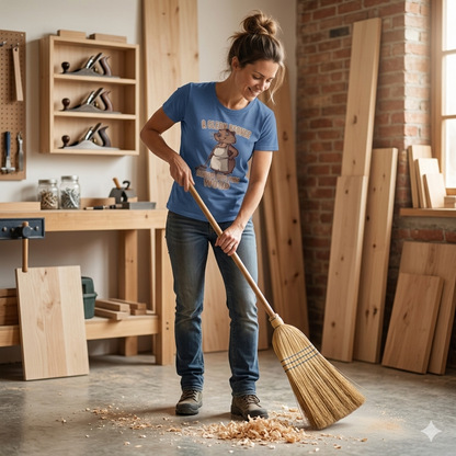 Woman cleaning wood shavings with a broom in a workshop wearing a blue t-shirt with a beaver graphic