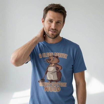 Man in blue Clean Beaver Always Gets More Wood tee, mens cheeky funny animal graphic gift