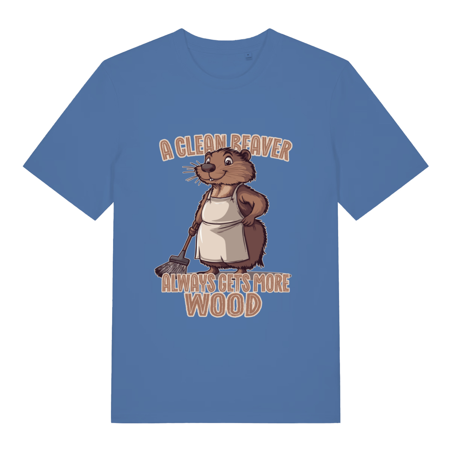 Blue Clean Beaver T-shirt flat lay showing witty animal graphic and rude cleaning slogan