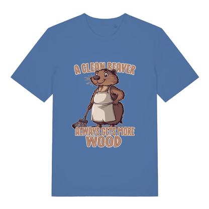 Blue Clean Beaver T-shirt flat lay showing witty animal graphic and rude cleaning slogan