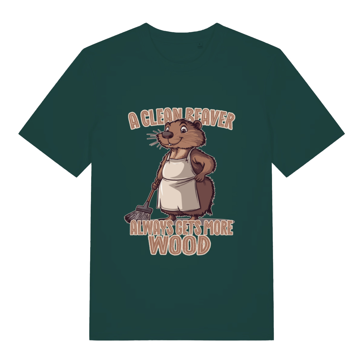 Green Clean Beaver T-shirt flat lay with bold cute beaver in apron illustration