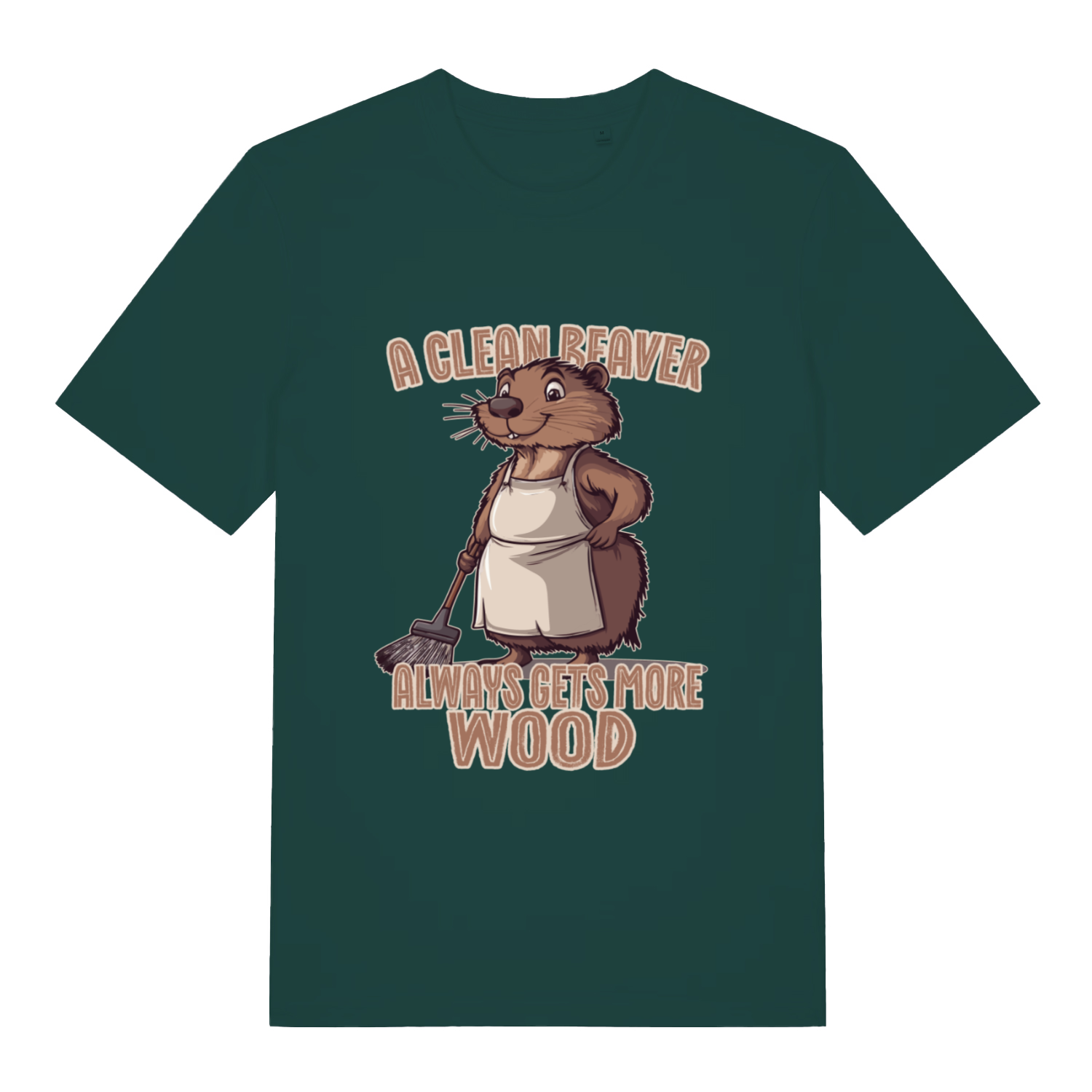 Green Clean Beaver T-shirt flat lay with bold cute beaver in apron illustration