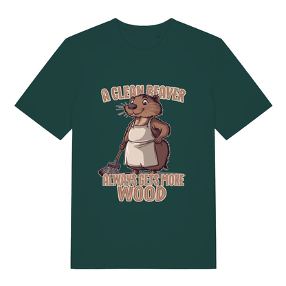 Green Clean Beaver T-shirt flat lay with bold cute beaver in apron illustration