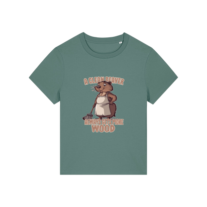 green funny graphic t-shirt with a beaver in an apron and the slogan 'a clean beaver always gets more wood'