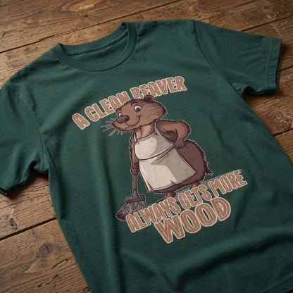 Green Clean Beaver Always Gets More Wood t-shirt on wood, funny rude cheeky beaver mens graphic tee