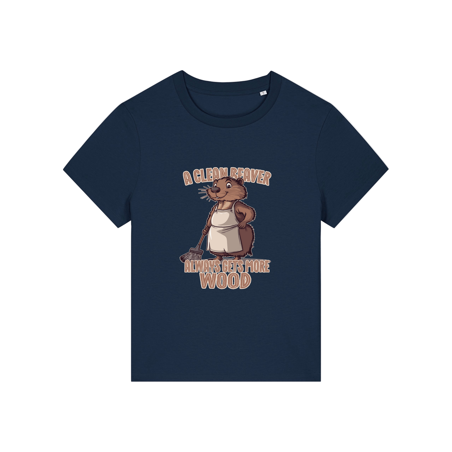 navy funny graphic t-shirt with a beaver in an apron and the slogan 'a clean beaver always gets more wood'