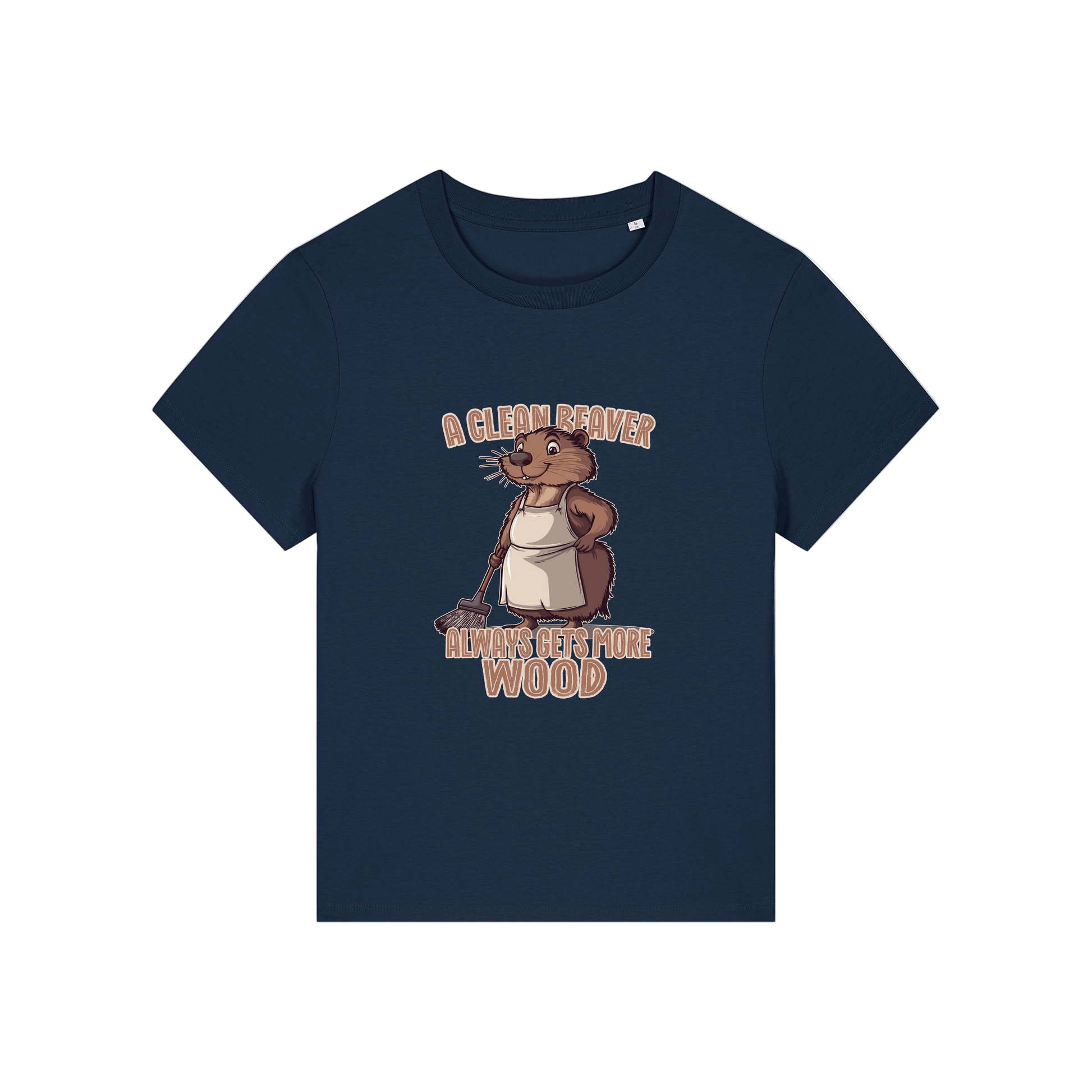 navy funny graphic t-shirt with a beaver in an apron and the slogan 'a clean beaver always gets more wood'