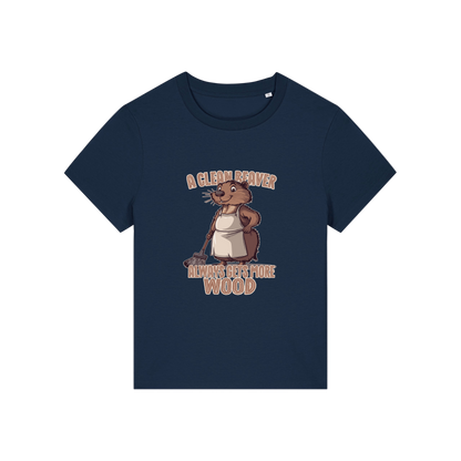 navy funny graphic t-shirt with a beaver in an apron and the slogan 'a clean beaver always gets more wood'
