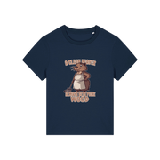 navy funny graphic t-shirt with a beaver in an apron and the slogan 'a clean beaver always gets more wood'