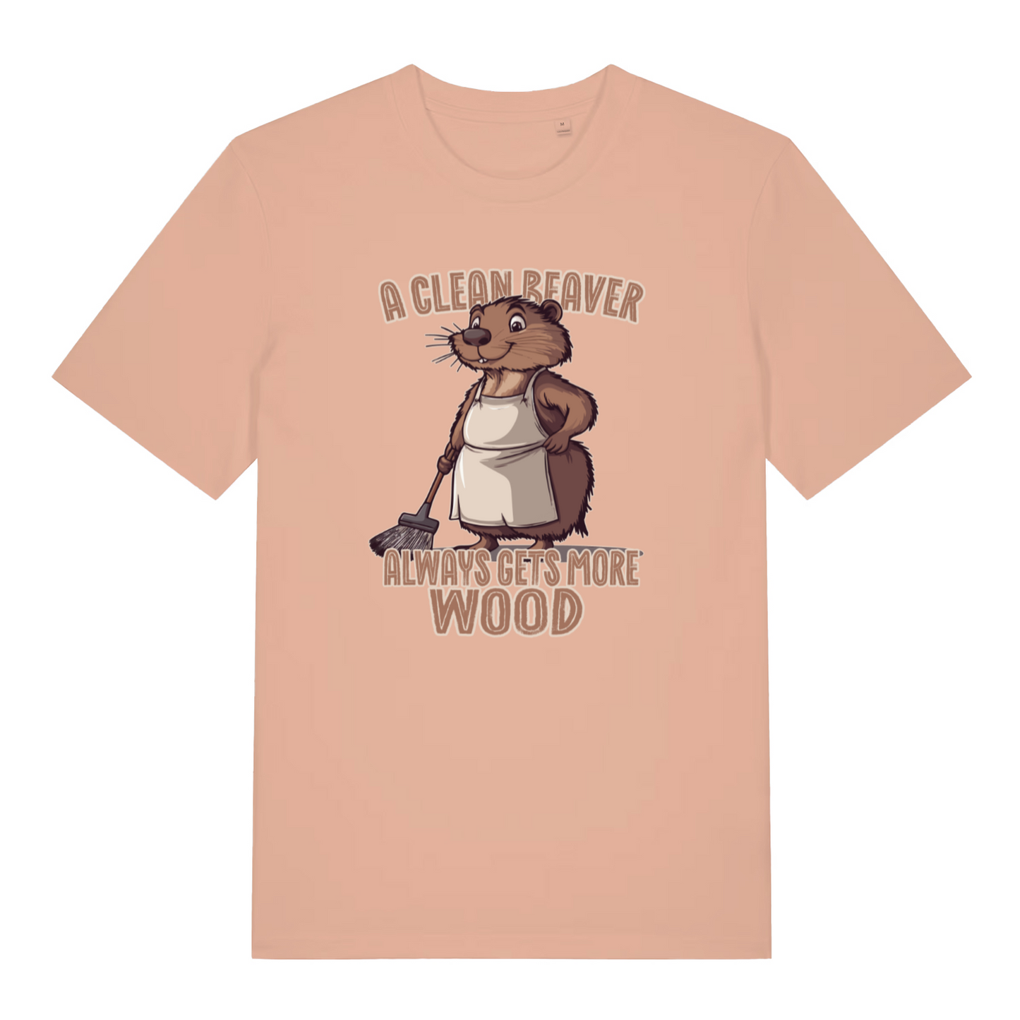 peach women's funny animal t-shirt with the graphic of a beaver and the slogan 'a clean beaver always gets more wood'