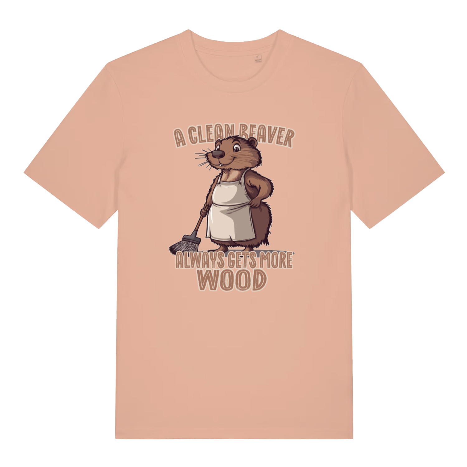 peach women's funny animal t-shirt with the graphic of a beaver and the slogan 'a clean beaver always gets more wood'