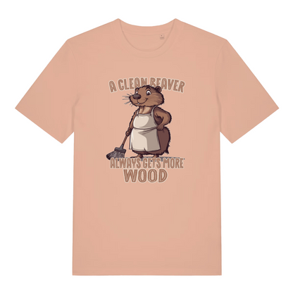 peach women's funny animal t-shirt with the graphic of a beaver and the slogan 'a clean beaver always gets more wood'