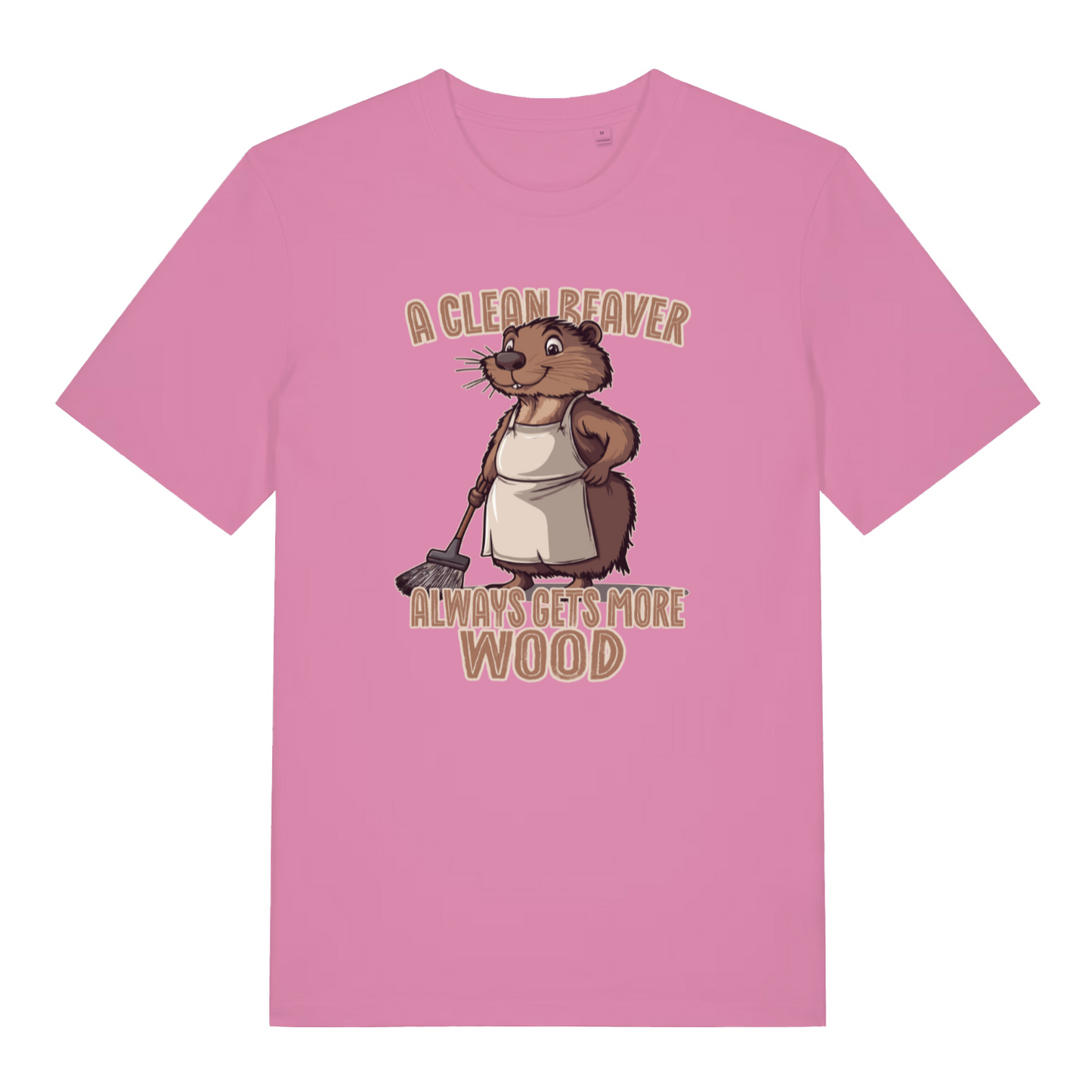 pink women's funny animal t-shirt with the graphic of a beaver and the slogan 'a clean beaver always gets more wood'
