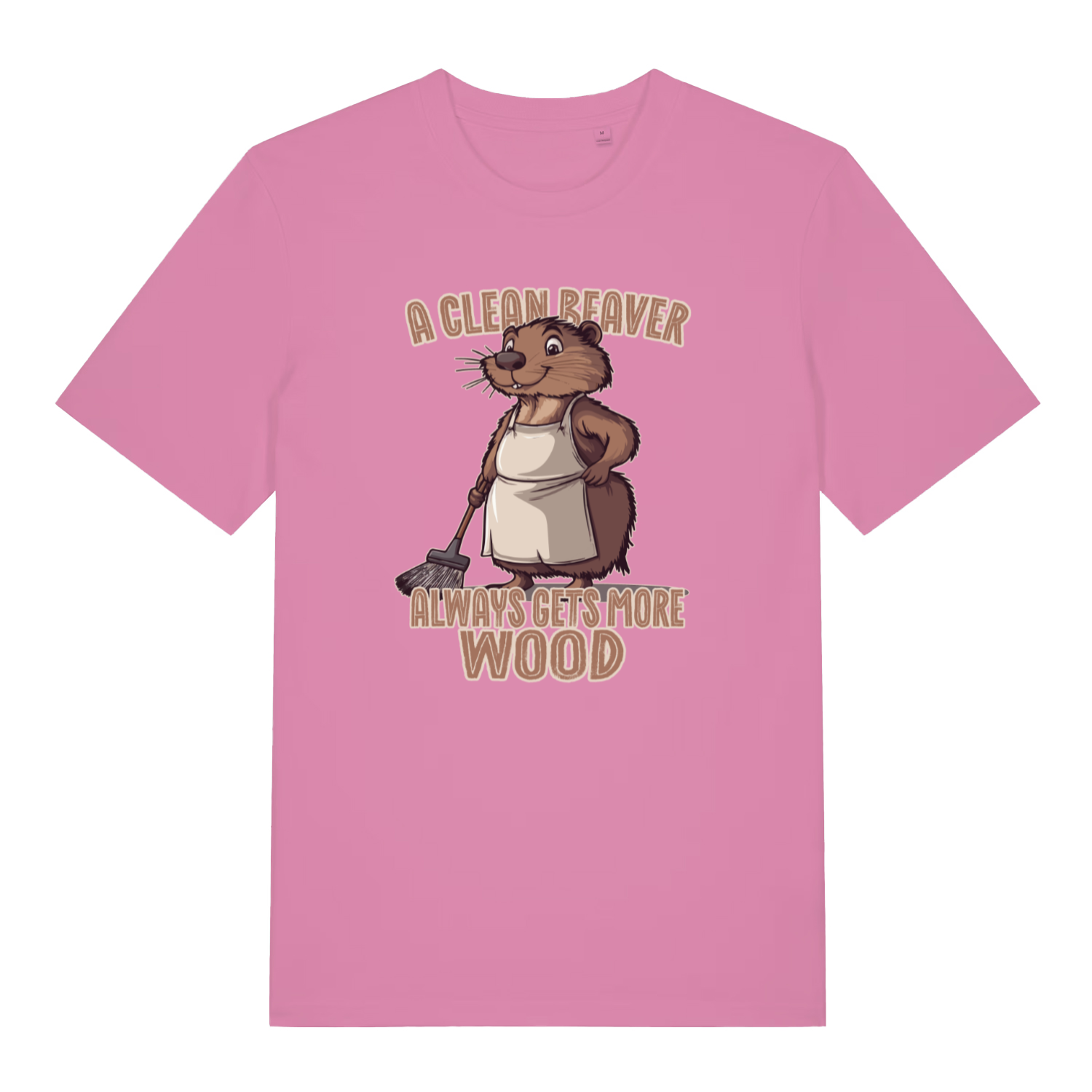 pink women's funny animal t-shirt with the graphic of a beaver and the slogan 'a clean beaver always gets more wood'