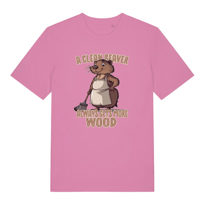 pink women's funny animal t-shirt with the graphic of a beaver and the slogan 'a clean beaver always gets more wood'