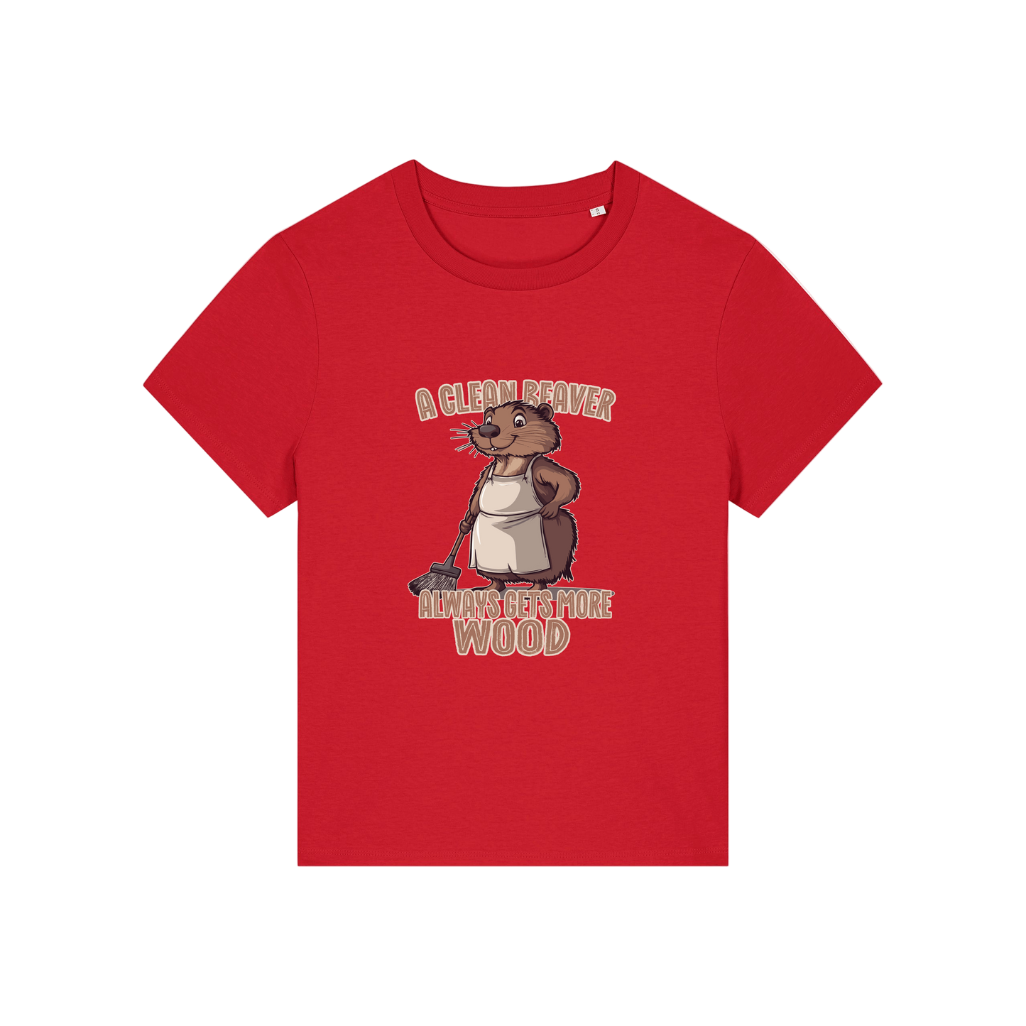 red funny graphic t-shirt with a beaver in an apron and the slogan 'a clean beaver always gets more wood'