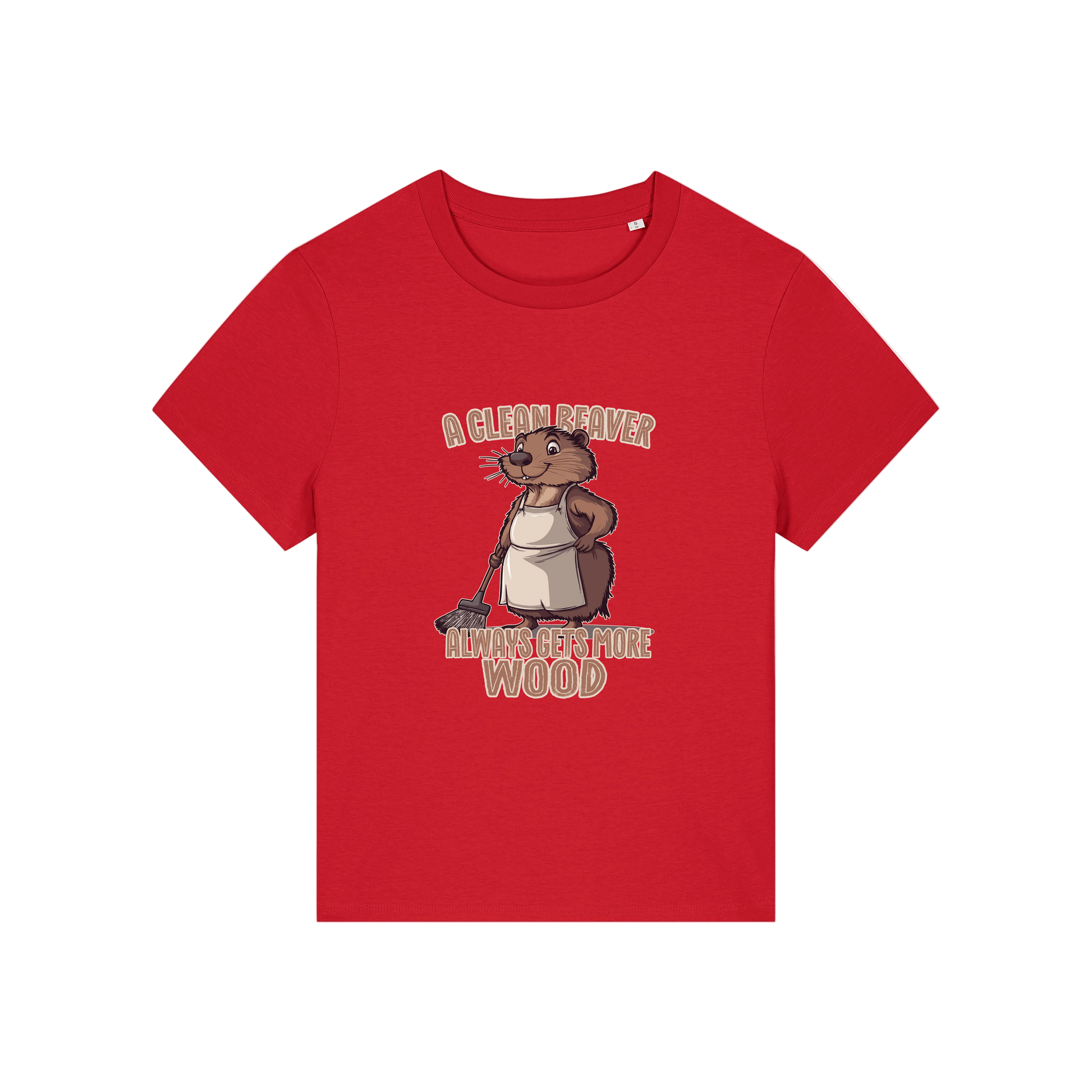 red funny graphic t-shirt with a beaver in an apron and the slogan 'a clean beaver always gets more wood'
