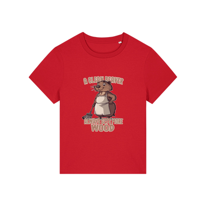 red funny graphic t-shirt with a beaver in an apron and the slogan 'a clean beaver always gets more wood'