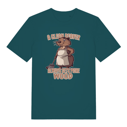 teal women's funny animal t-shirt with the graphic of a beaver and the slogan 'a clean beaver always gets more wood'