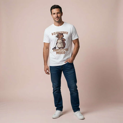 Man in white Clean Beaver Always Gets More Wood t-shirt, mens funny witty animal graphic tee