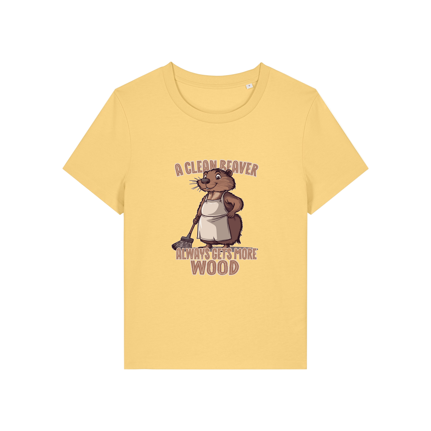 yellow funny graphic t-shirt with a beaver in an apron and the slogan 'a clean beaver always gets more wood'