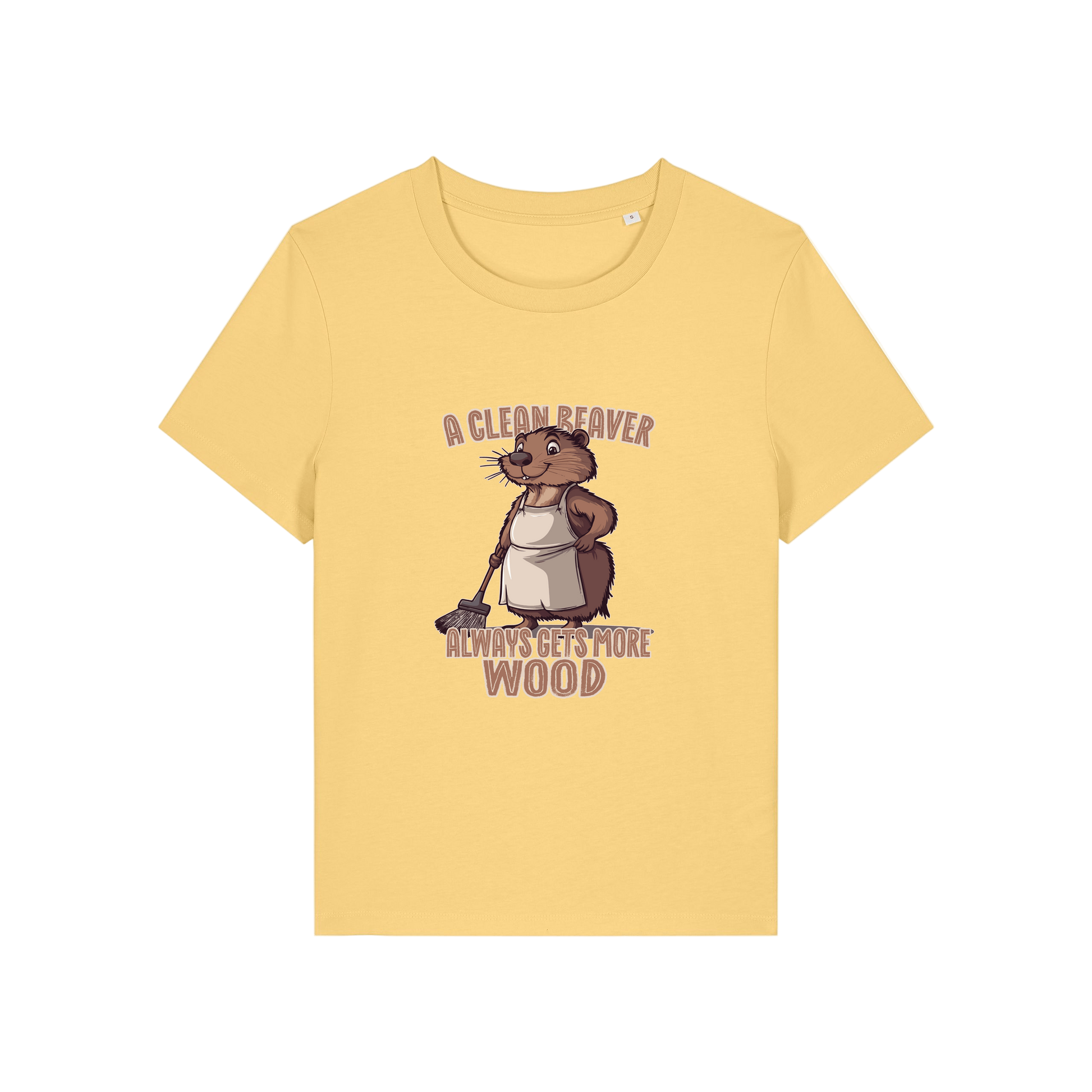 yellow funny graphic t-shirt with a beaver in an apron and the slogan 'a clean beaver always gets more wood'