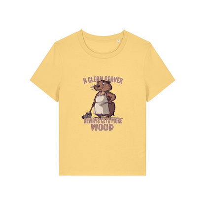yellow funny graphic t-shirt with a beaver in an apron and the slogan 'a clean beaver always gets more wood'
