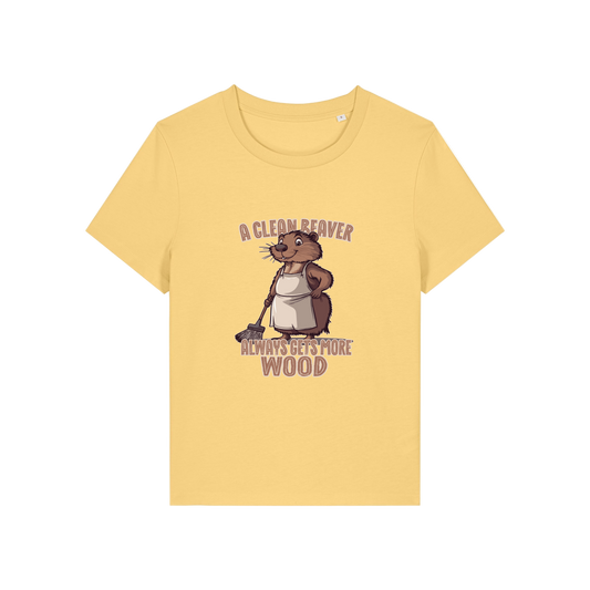 yellow funny graphic t-shirt with a beaver in an apron and the slogan 'a clean beaver always gets more wood'