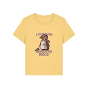 yellow funny graphic t-shirt with a beaver in an apron and the slogan 'a clean beaver always gets more wood'