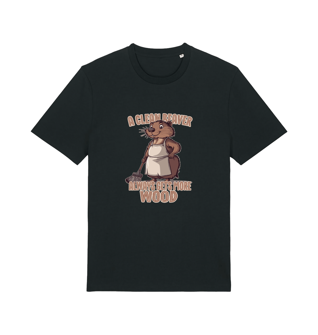 black animal t-shirt with the graphic of a beaver and the slogan 'a clean beaver always gets more wood'