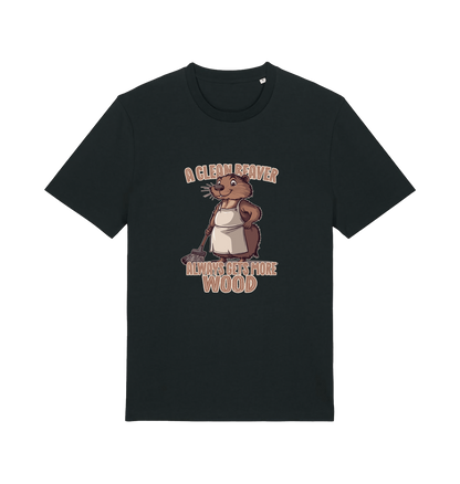 black animal t-shirt with the graphic of a beaver and the slogan 'a clean beaver always gets more wood'