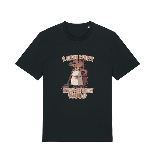 black animal t-shirt with the graphic of a beaver and the slogan 'a clean beaver always gets more wood'