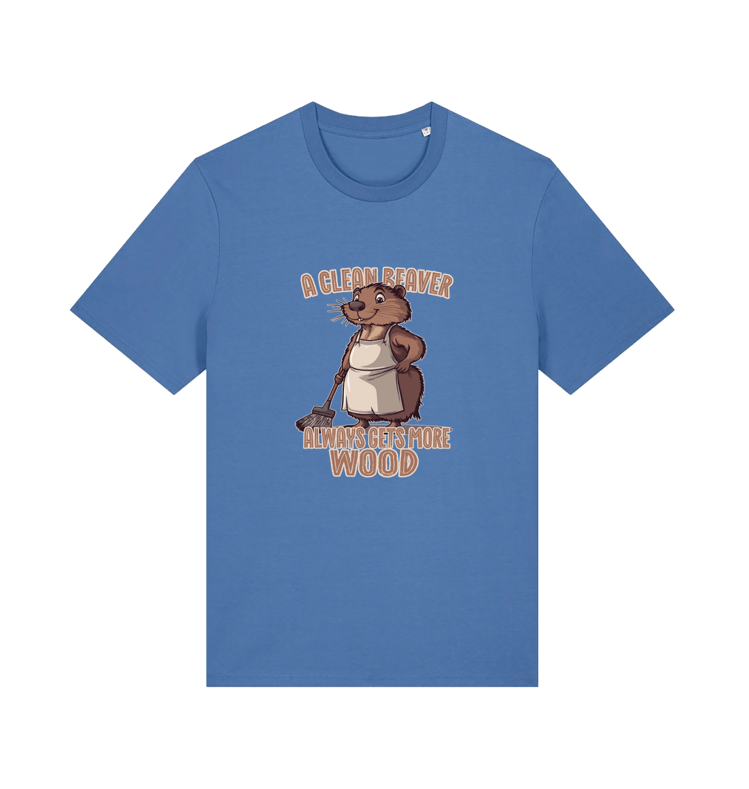 blue animal t-shirt with the graphic of a beaver and the slogan 'a clean beaver always gets more wood'