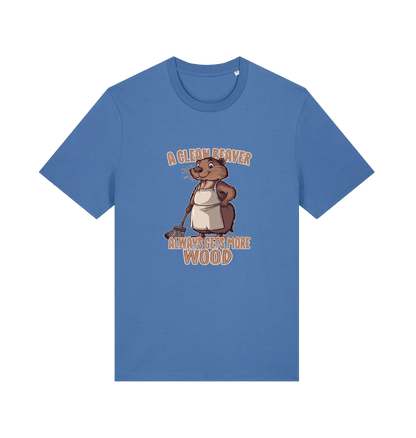 blue animal t-shirt with the graphic of a beaver and the slogan 'a clean beaver always gets more wood'