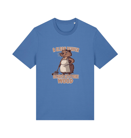 blue animal t-shirt with the graphic of a beaver and the slogan 'a clean beaver always gets more wood'