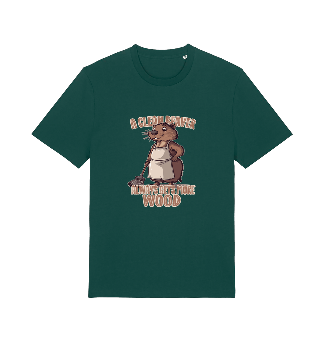 green animal t-shirt with the graphic of a beaver and the slogan 'a clean beaver always gets more wood'