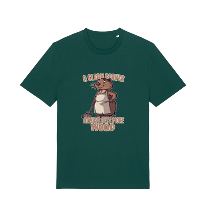 green animal t-shirt with the graphic of a beaver and the slogan 'a clean beaver always gets more wood'