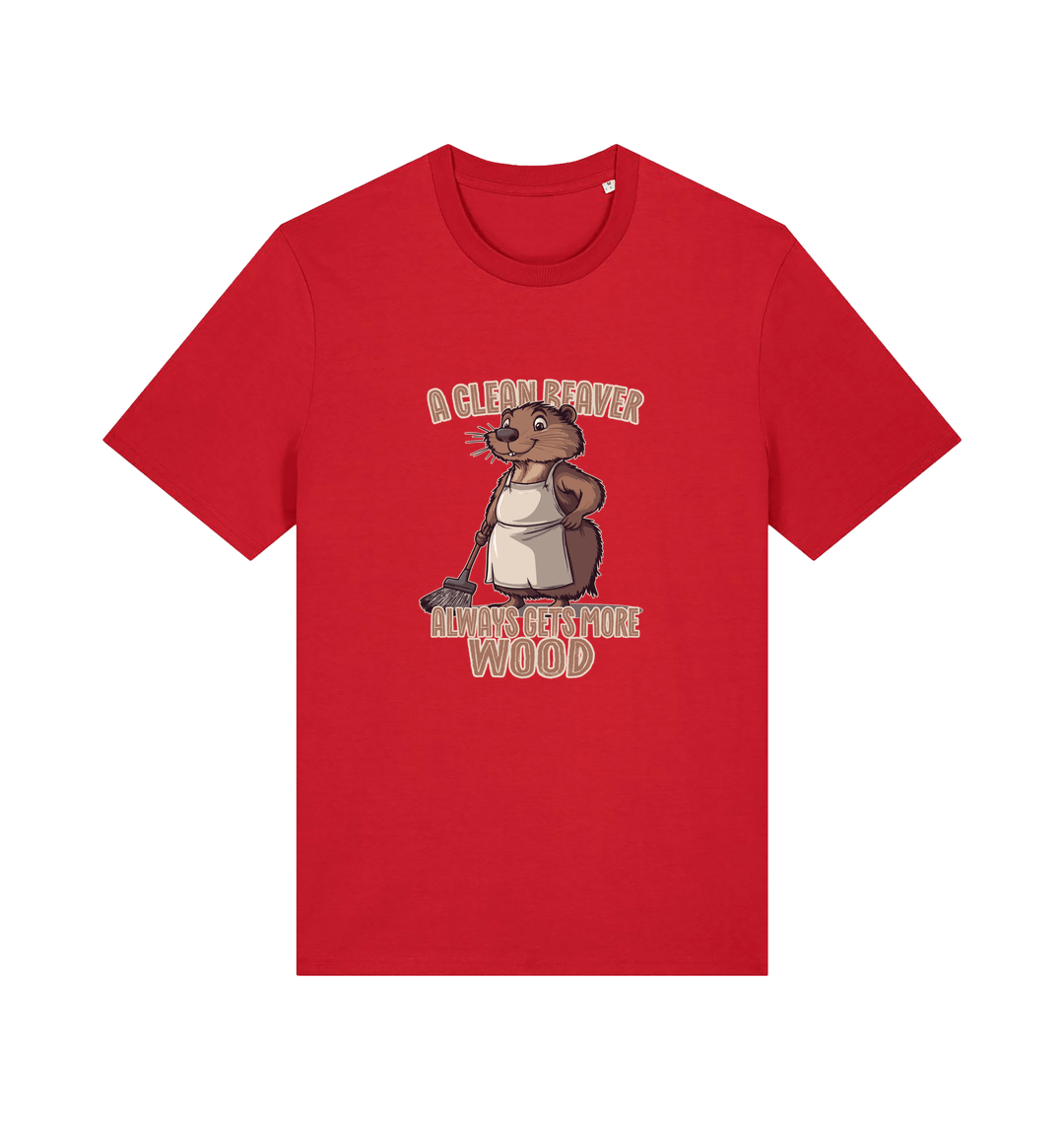 red animal t-shirt with the graphic of a beaver and the slogan 'a clean beaver always gets more wood'