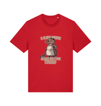red animal t-shirt with the graphic of a beaver and the slogan 'a clean beaver always gets more wood'